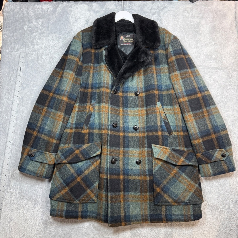 Vintage Oakbrook Sportswear Plaid Overcoat Mens 46 Tall Blue Brown Faux Fur 70s